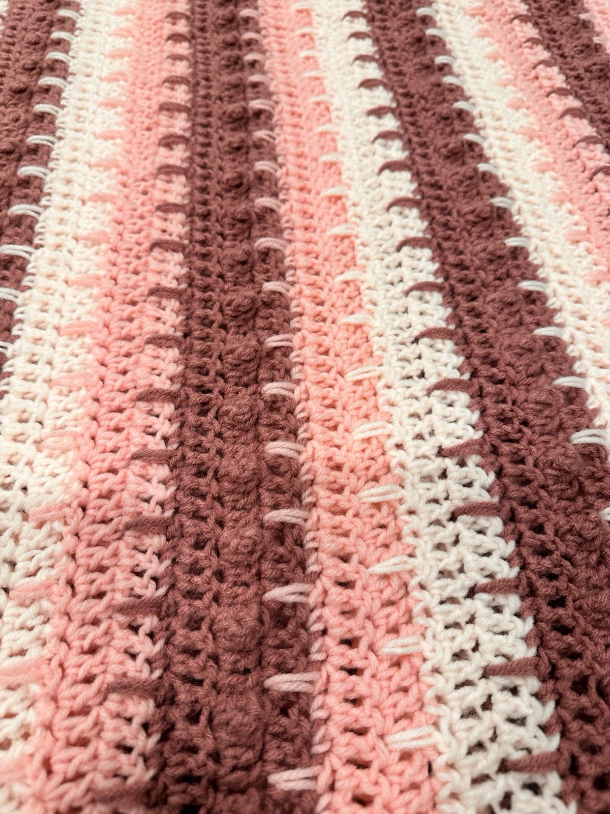 New Hand Crocheted Light Pink, Med Pink and Mahogany Striped Afghan gallery