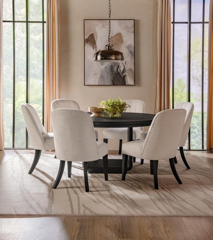 7 PC 60 INCH BLACK DINING TABLE CREAM CHAIRS DINING ROOM FURNITURE SET gallery