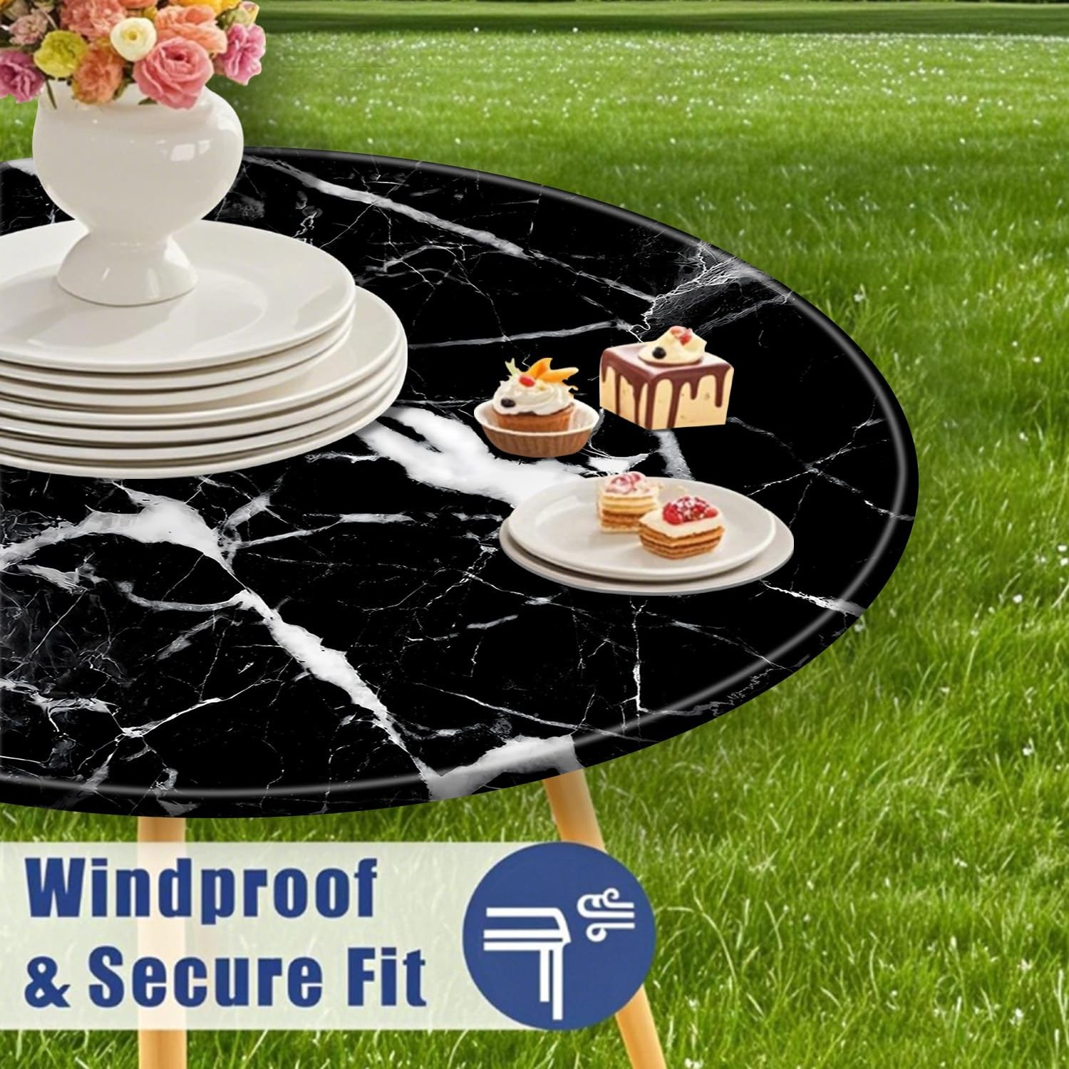 52 Inch Black & White Round Table Protector for Kitchen, Marbling Veins Table... gallery