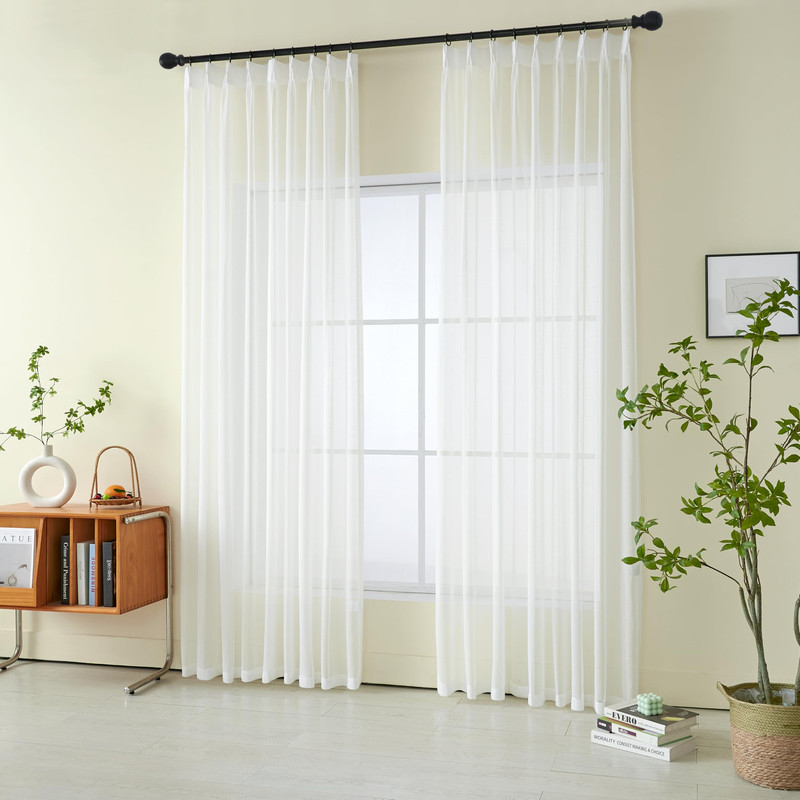 Aowellow Non-See-Through White Sheer Pinch Pleated Curtains 102 Inches Long 2 gallery