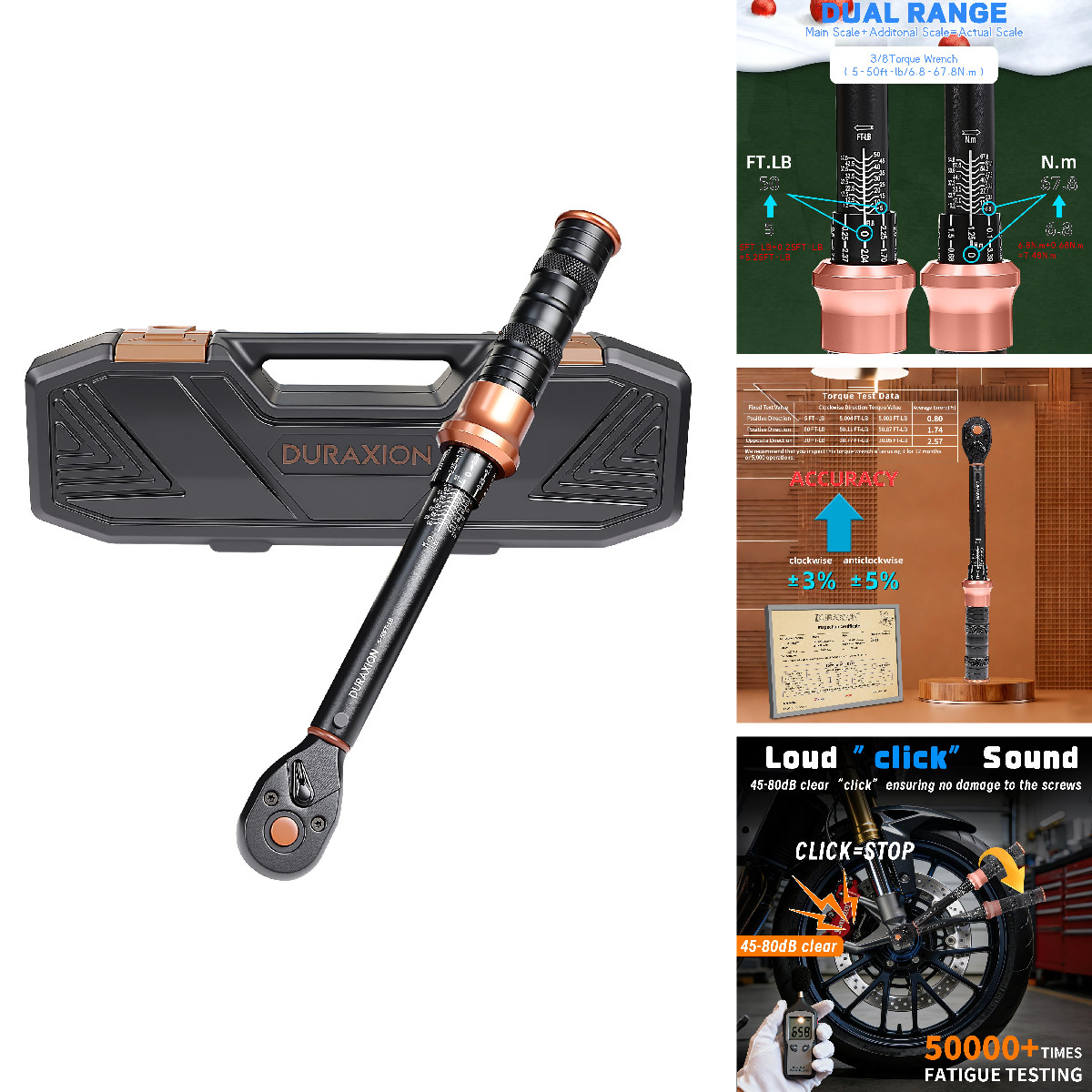 Duraxion Torque Wrench 3/8 Dual Range Scales 5-50 Ft-Lb/6.8-67Nm 3 Precision 72 gallery