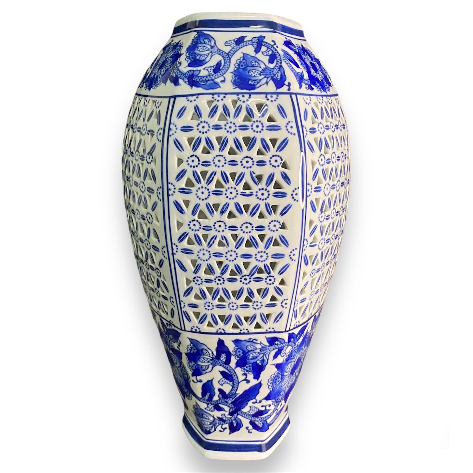 Chinese Blue White Pierced Ceramic Garden Stool Lantern Vase 13.5” Chinoiserie gallery