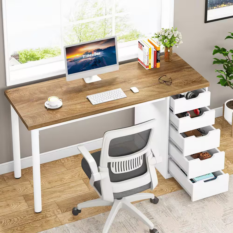 Havrvin 47 In. Rectangular Light Brown and White 5-Drawer Computer Desk for Home gallery