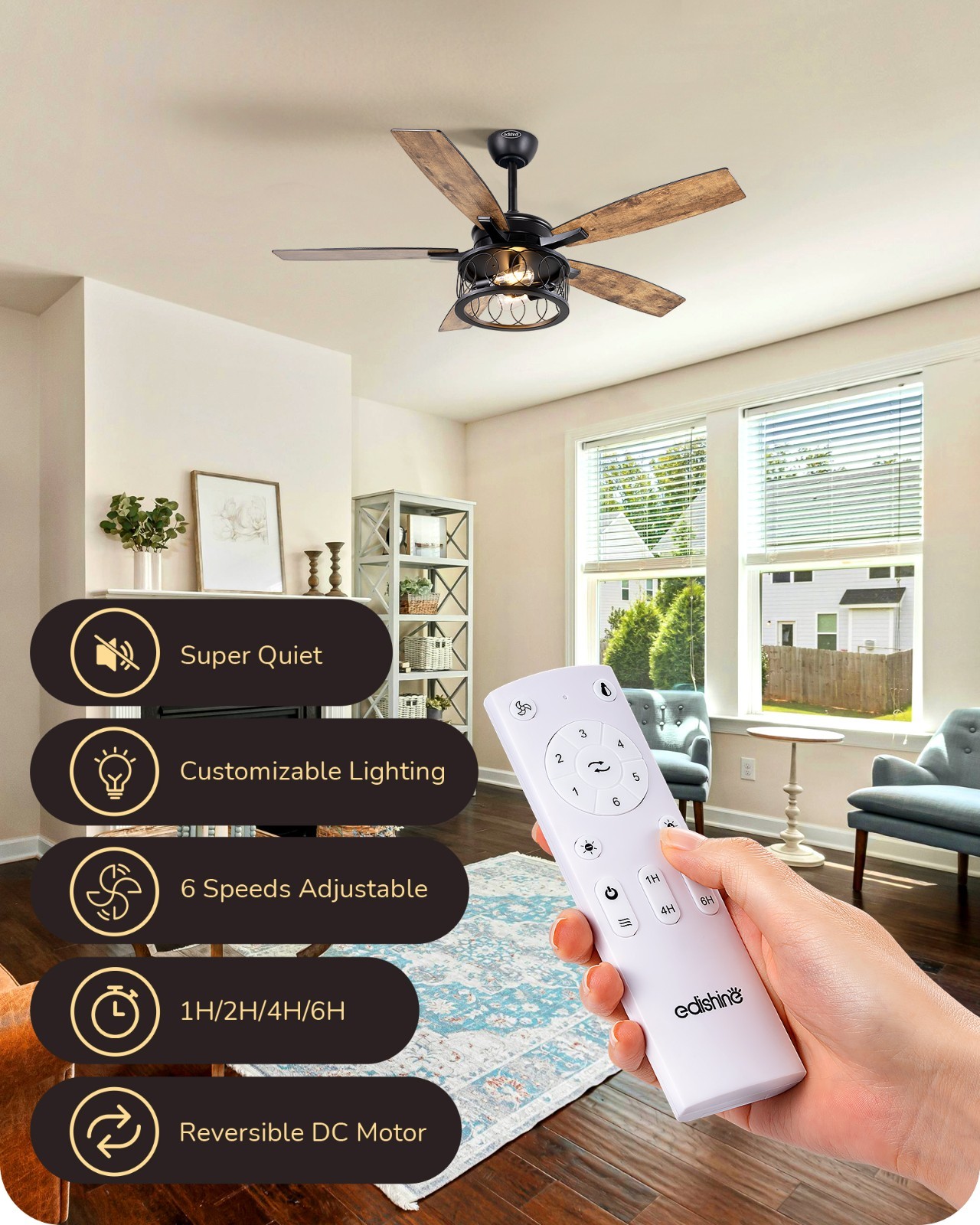 EDISHINE Farmhouse Ceiling Fans w/ Lights & Remote,6 Speeds Reversible DC Motor gallery