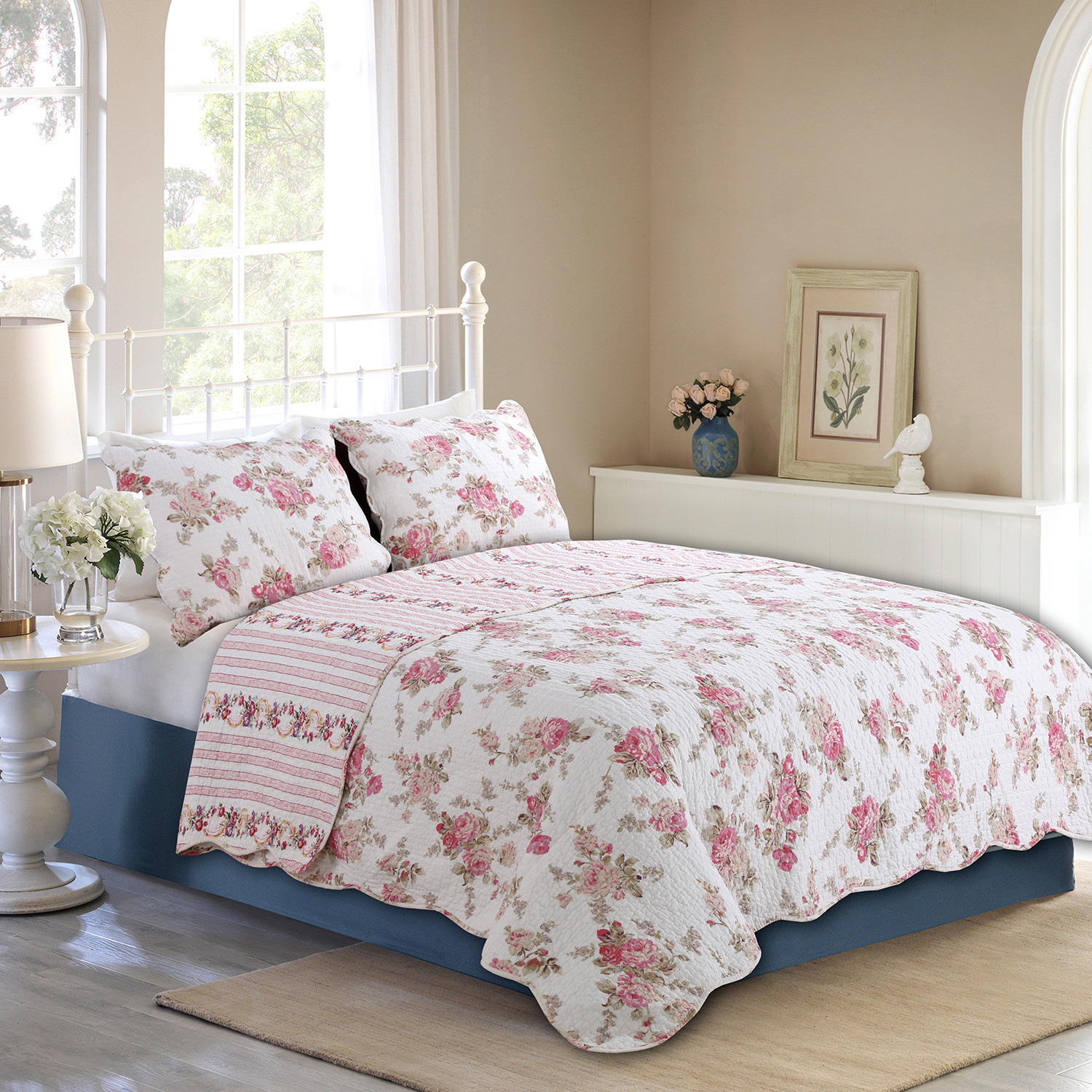Spring Rose Floral Reversible 100%Cotton 3-Piece Quilt Set, Bedspread, Coverlet gallery