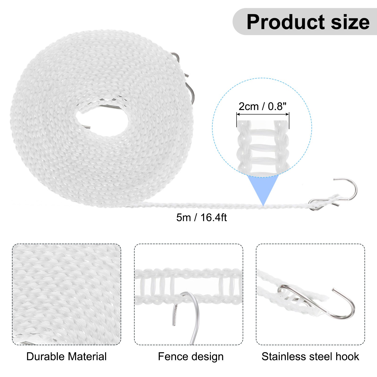 Windproof Clothesline, 5M 16.4ft Plastic Non-Slip Clothes Drying Rope, White gallery