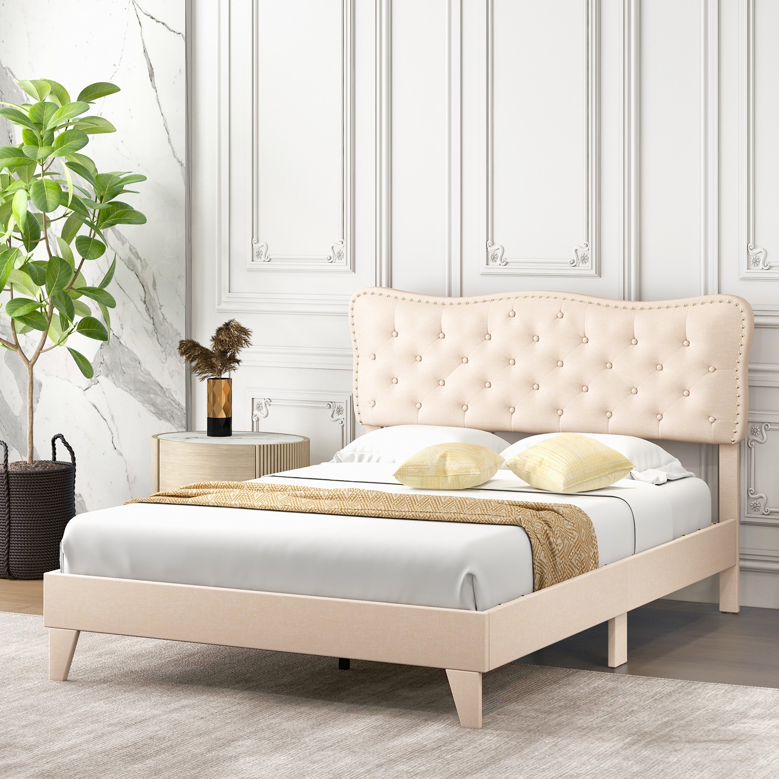 Queen Upholstered Platform Bed Frame Button-Tufted Headboard Mattress Foundation gallery