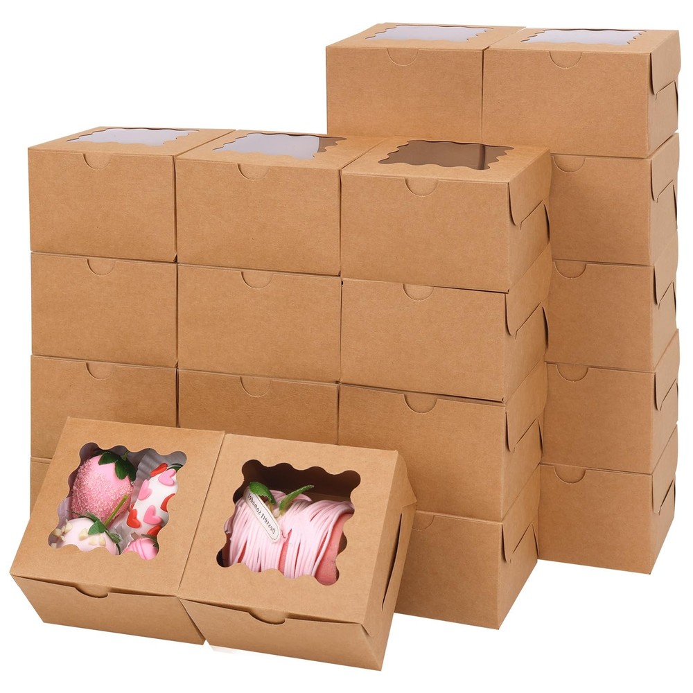 24pcs Bakery Boxes with Window, 4x4x2.5 Inches Brown Cookie Boxes for Small P...