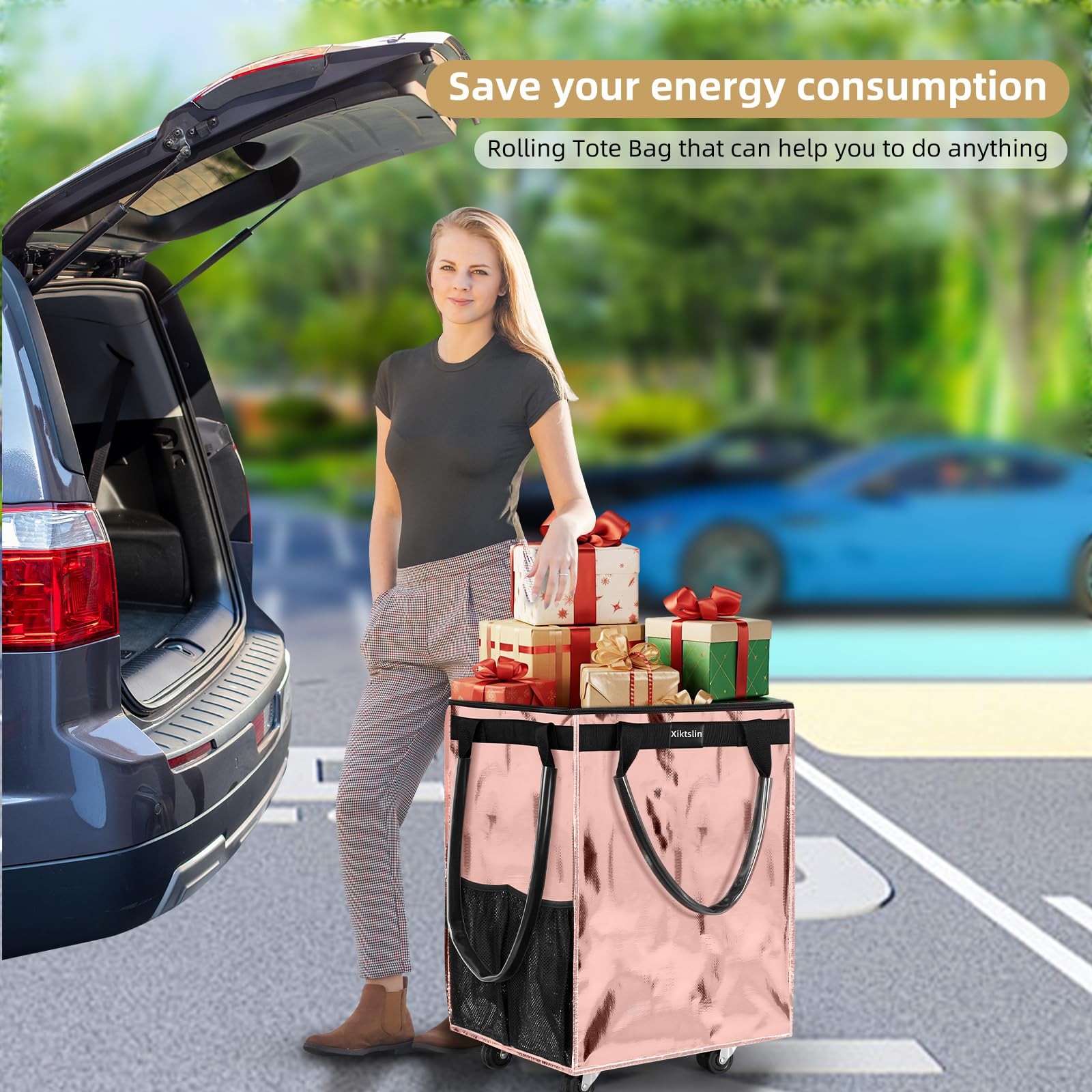(Medium, Rose Gold) Reusable Grocery Bag on Wheels, Foldable Rolling Tote Carrie gallery
