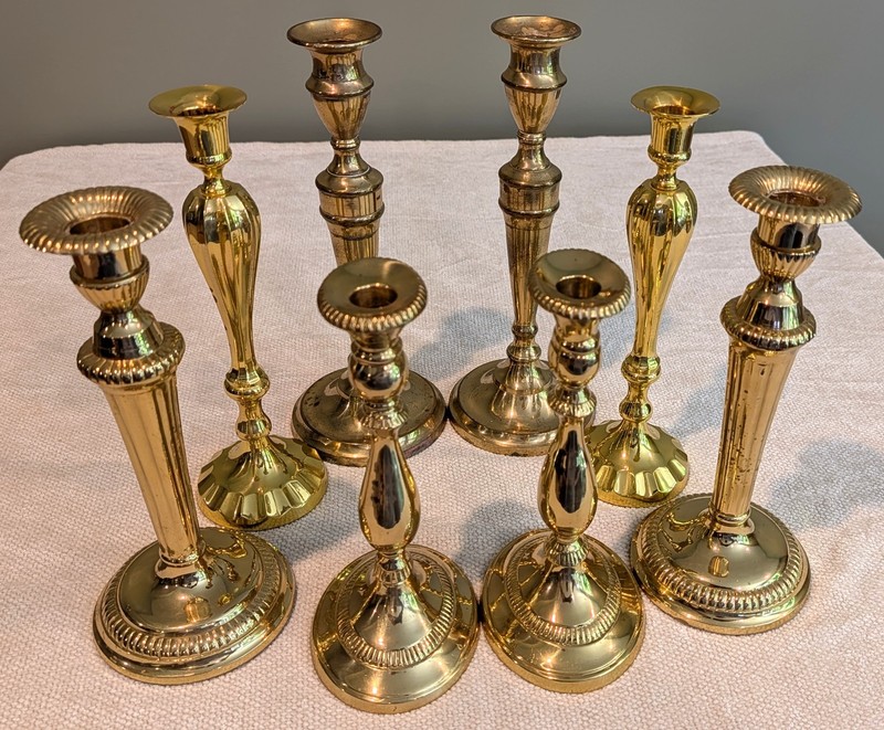 8 Vintage-Shiny Solid Brass Candleholders - 9 to 11.5 Inches Tall gallery