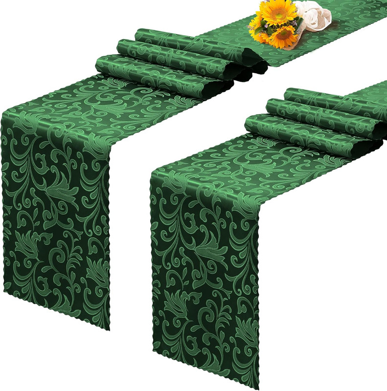 2 Pack Green Satin Table Runners 12 X 108 Inch, Long Silky Damask Table Runner D gallery