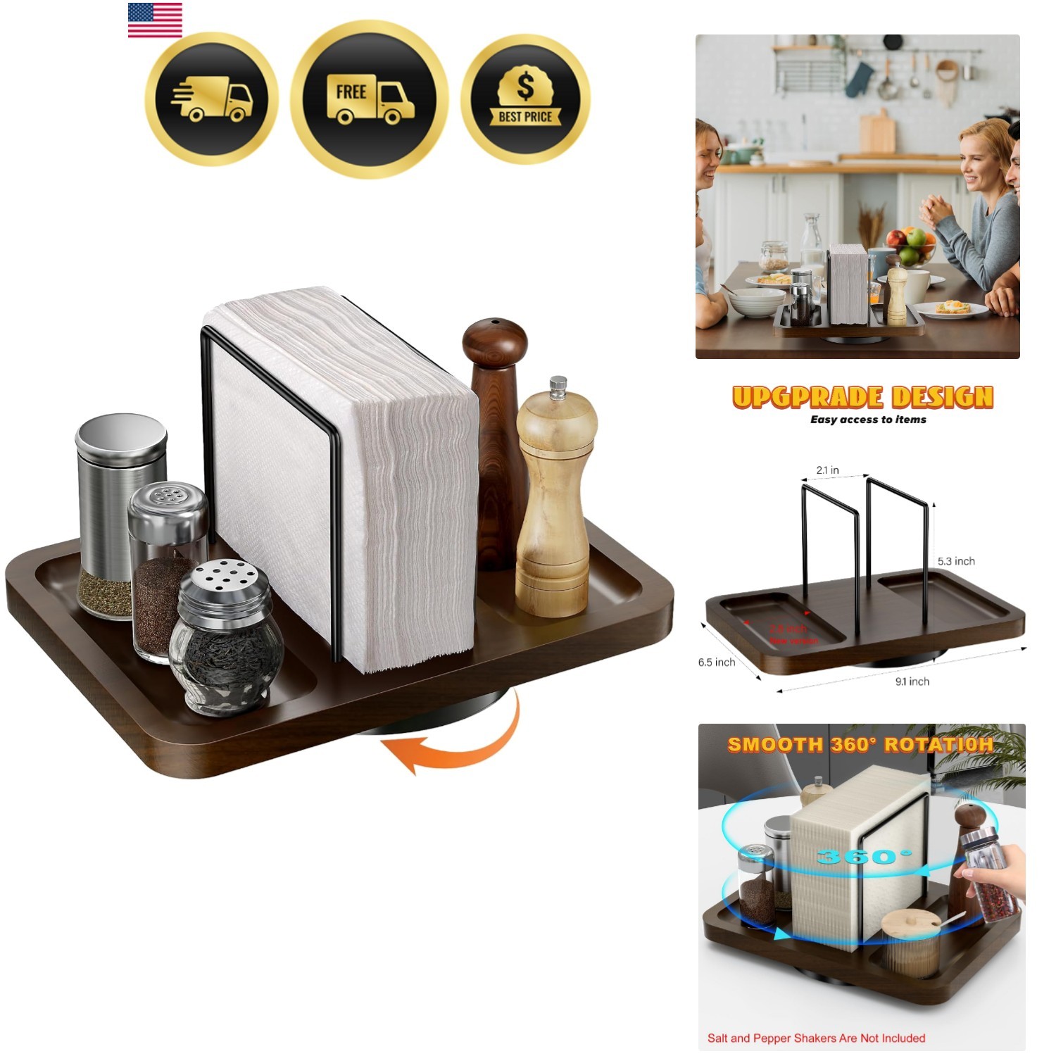 Napkin Holder for Table Rotating Dispenser with Salt Pepper Shakers Caddy gallery