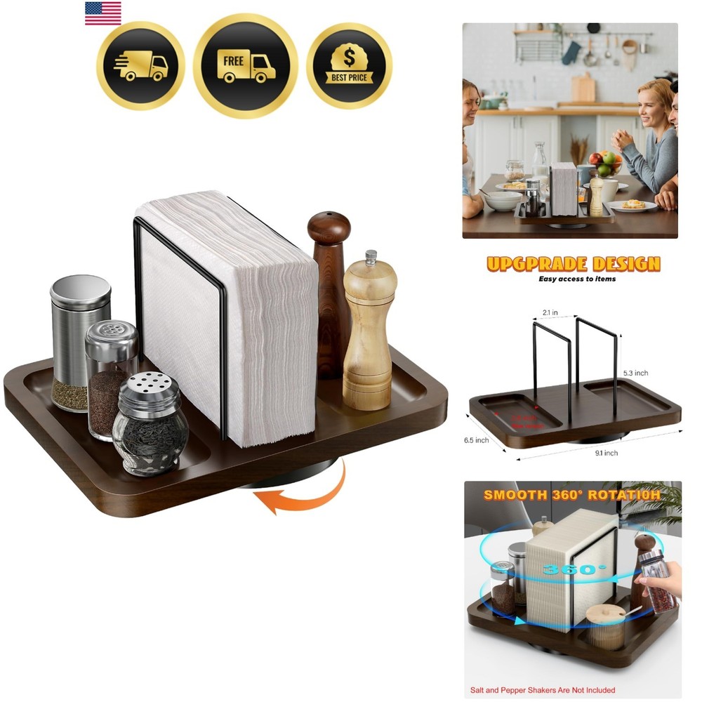 Napkin Holder for Table Rotating Dispenser with Salt Pepper Shakers Caddy