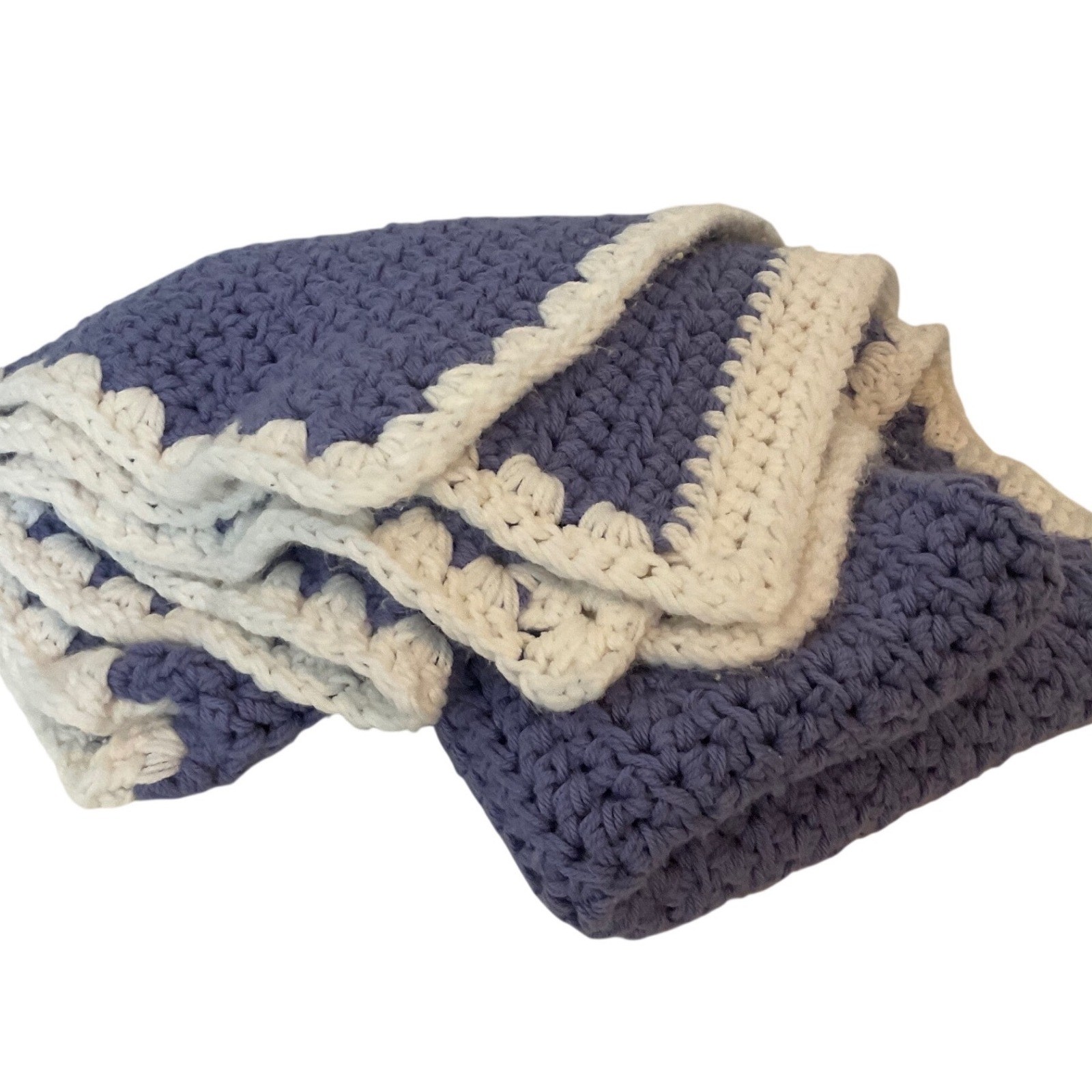 Handmade Crochet Throw Blanket Periwinkle Blue Cream Scalloped Edge 42x48 gallery