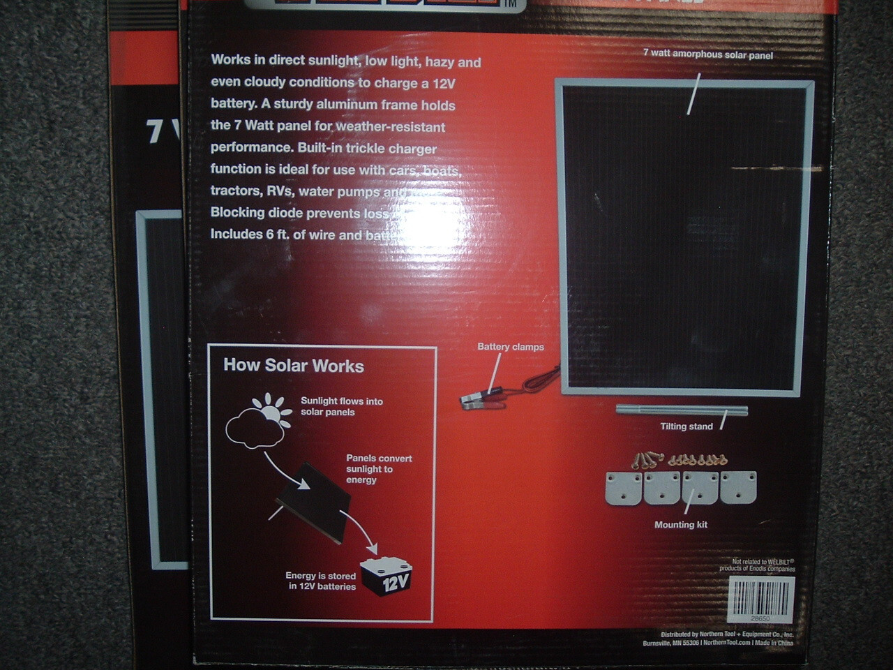 WEL-BILT 7 Watt Amorphous Solar Panel, Battery Clamps, Mounting Kit, For 12 Volt gallery