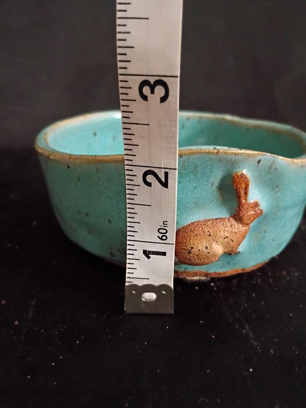 Small Ceramic Pottery Trinket Dish, Teal Glaze With Raised Relief Bunny gallery