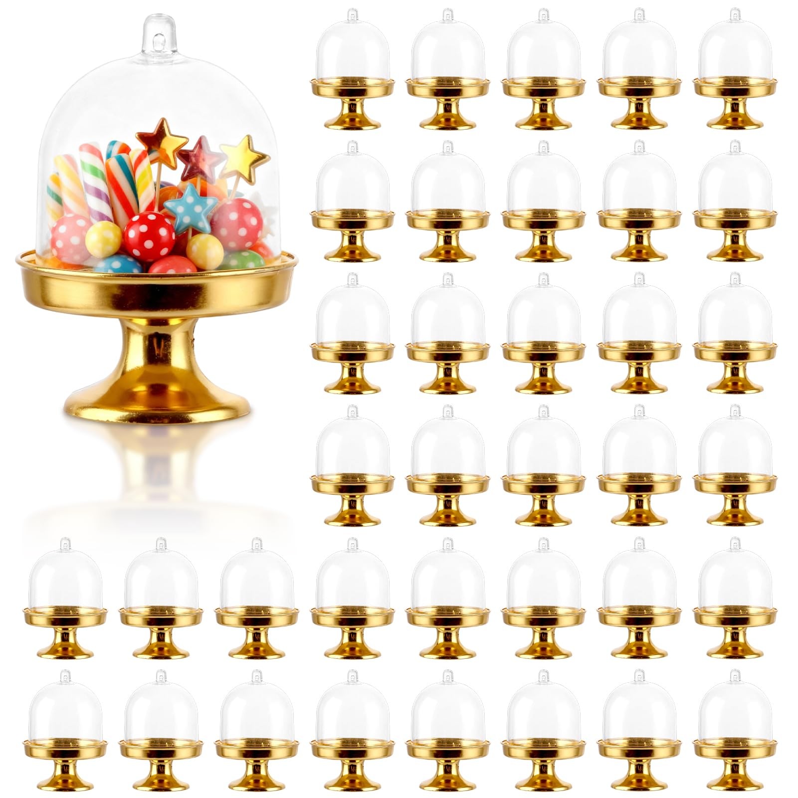 36 PCS 3X2 Inch Mini Cake Stand with Dome Lid Gold Cupcake Stand with Dome Pl... gallery