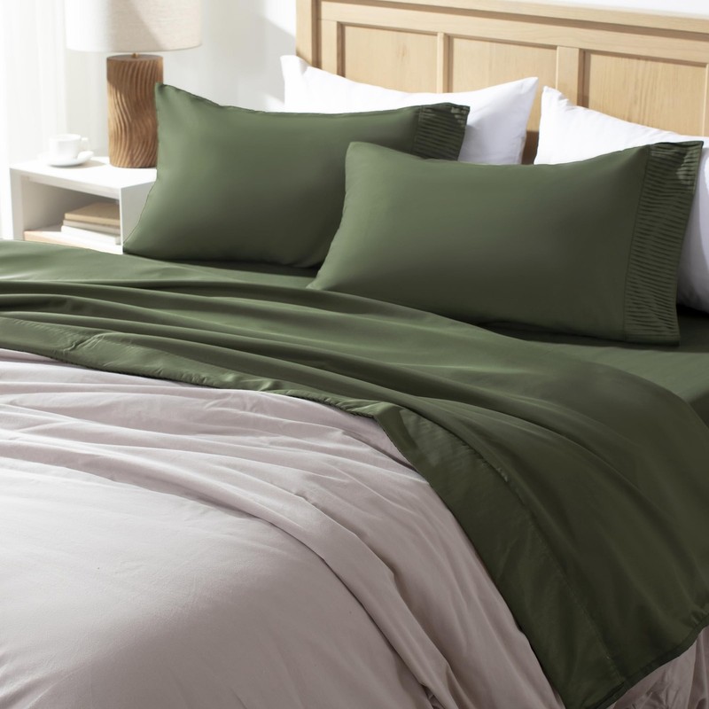 Queen Sheet Set 4 Pieces, Dark Olive Green Super Soft Sheets for Queen Size B... gallery