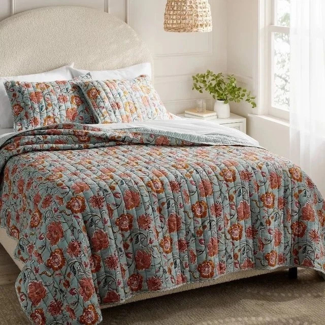 Target Threshold- King - Printed Voile Quilt Earthy Vines Teal Floral Cotton NEW gallery