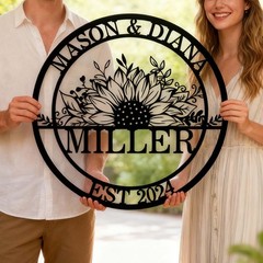 Personalized Wedding Sign – Sunflower Family Name & Established Date Metal Art