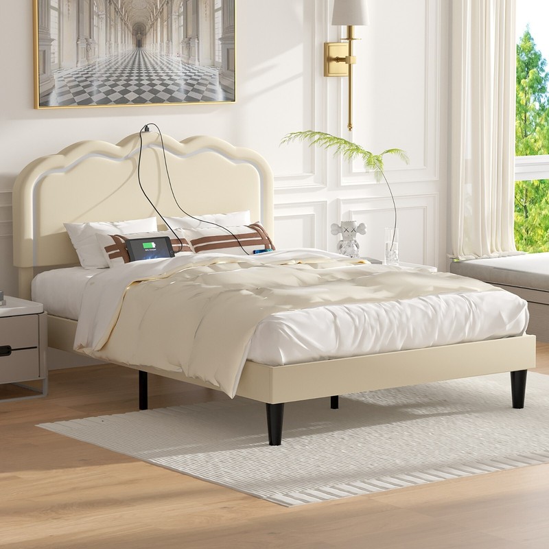LED Light Queen Full Twin Size Bed Frame Charging Station Headboard Platform gallery