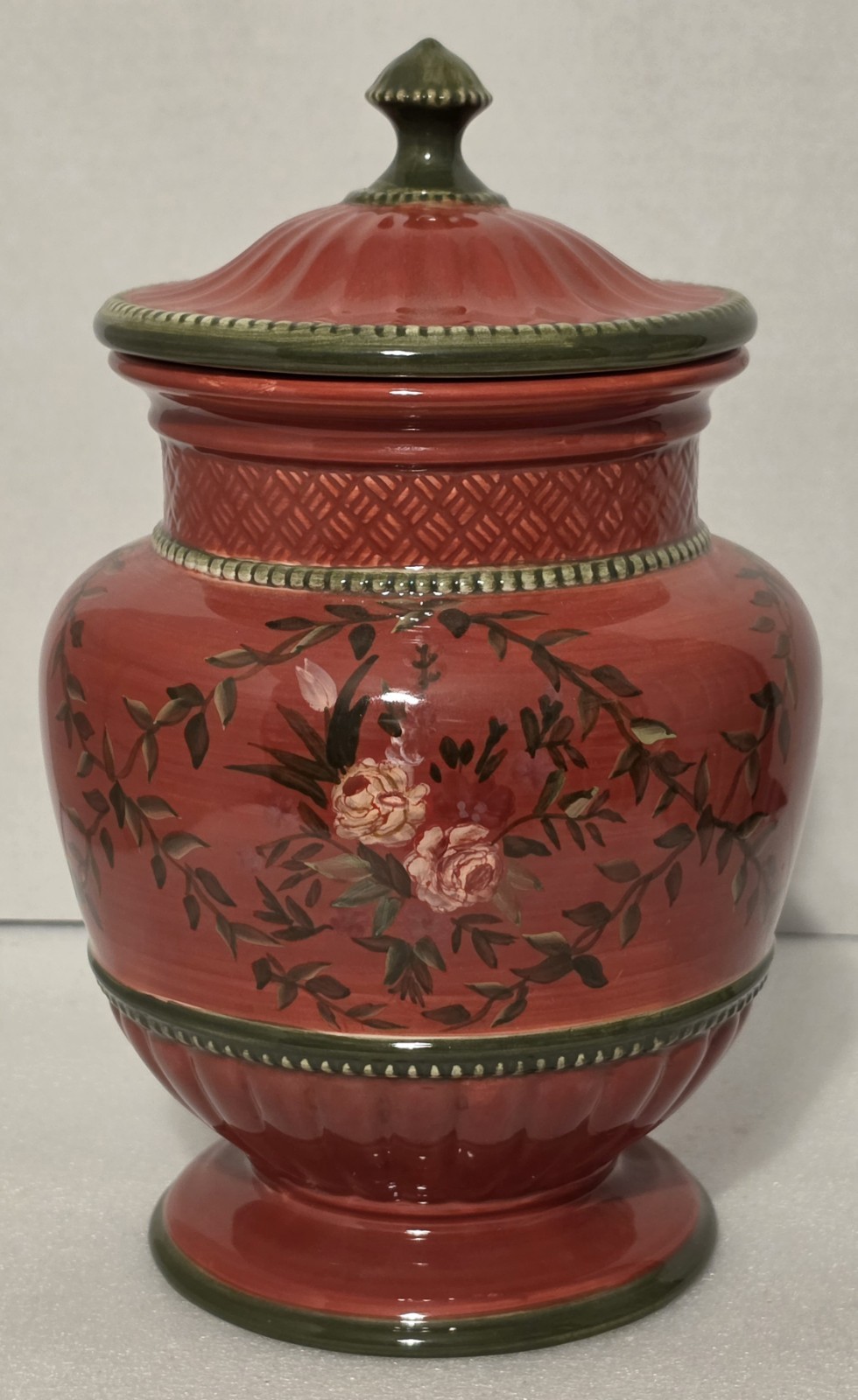 Raymond Waites Renaissance Ginger Jar Hand Painted Style Red Ceramic Lidded Urn gallery