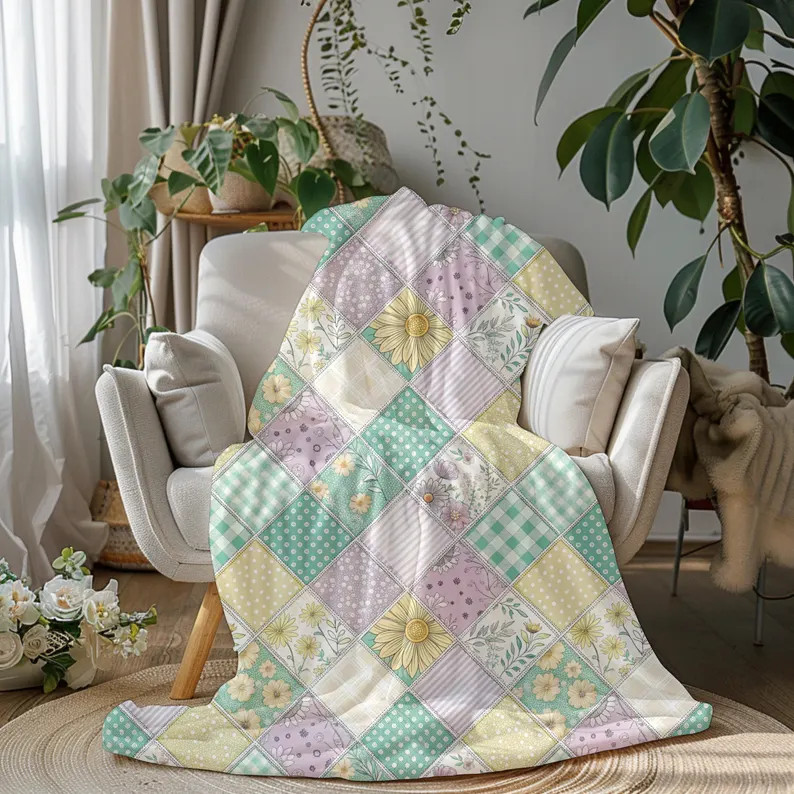 Pastel Patchwork Quilt Pattern Blanket Soft Cozy Throw