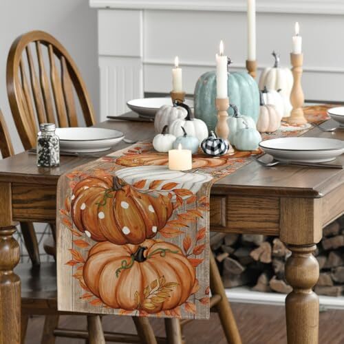 Polka Dot Pumpkin Eucalyptus Wood Fall Table 13" x 48", Table Runner Orange gallery