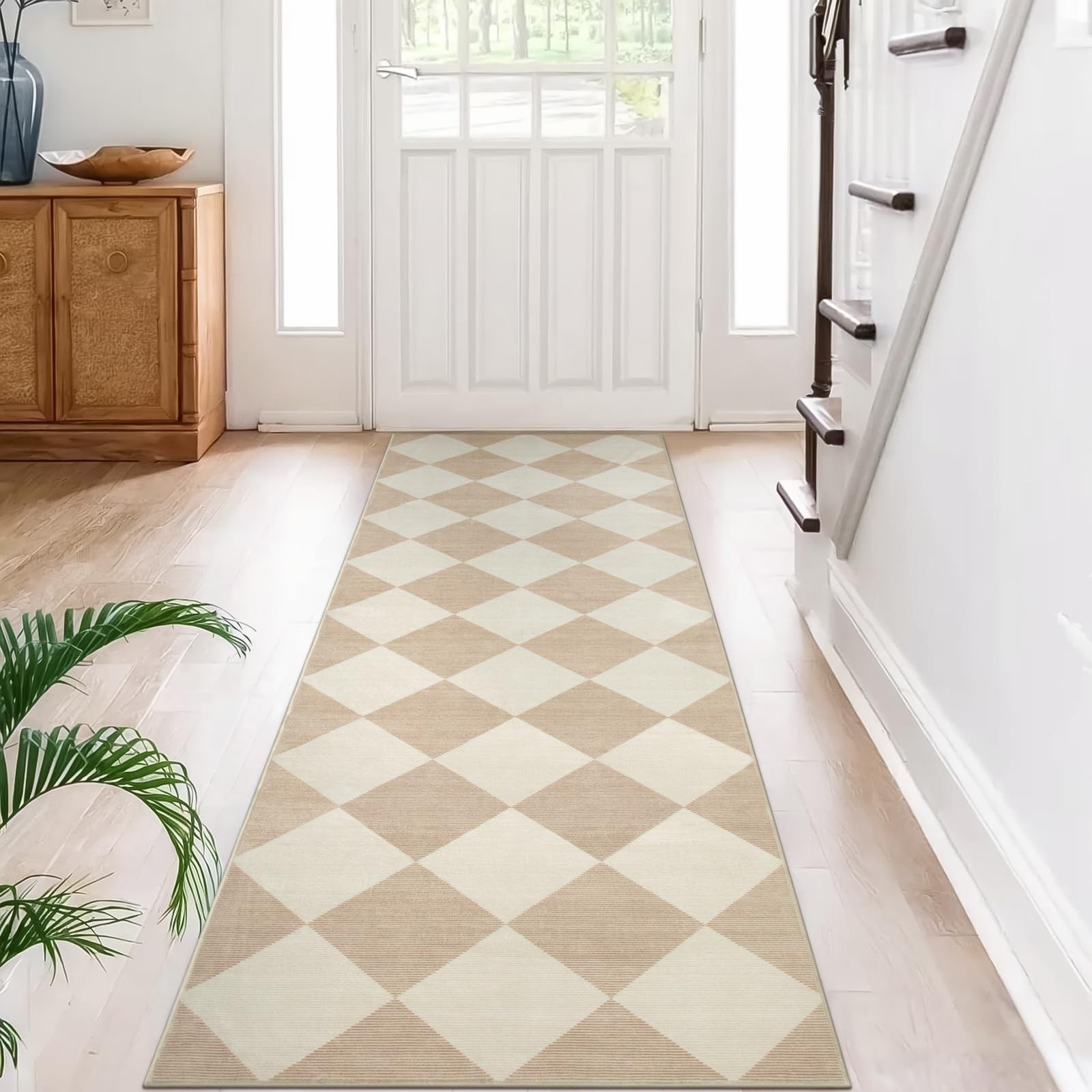 Beeiva Checkered Print Carpet Runners for 2' x 6' (Rectangular), Beige gallery