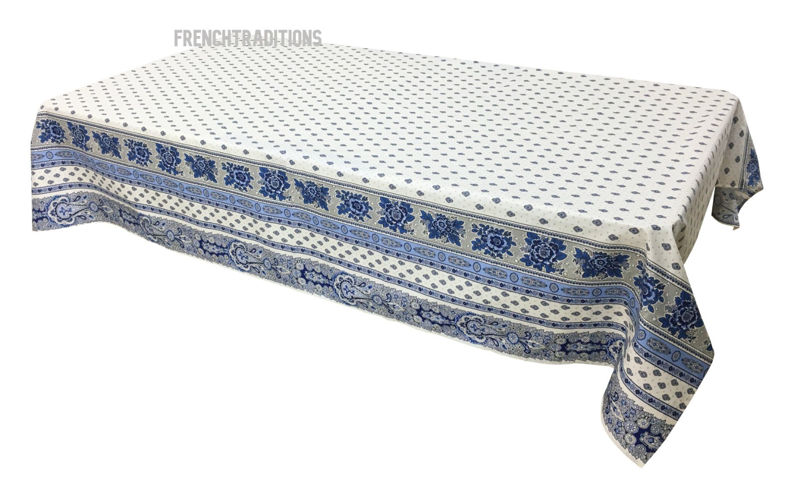 French Provencal Coated Tablecloth Flowers White/Blue 59X98 Made in France gallery