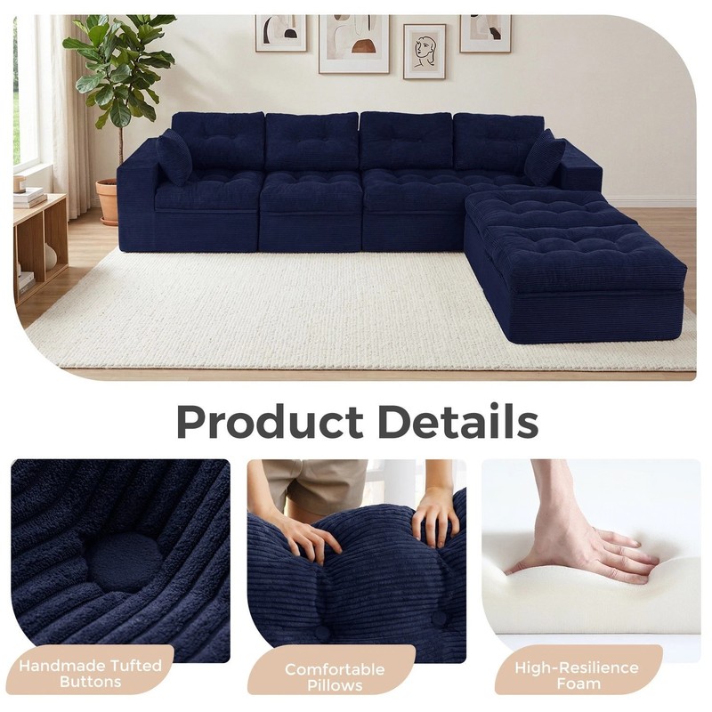 Modular Sectional Sofa with Ottoman Dark Gray Corduroy Tufted Modern Low Profile gallery