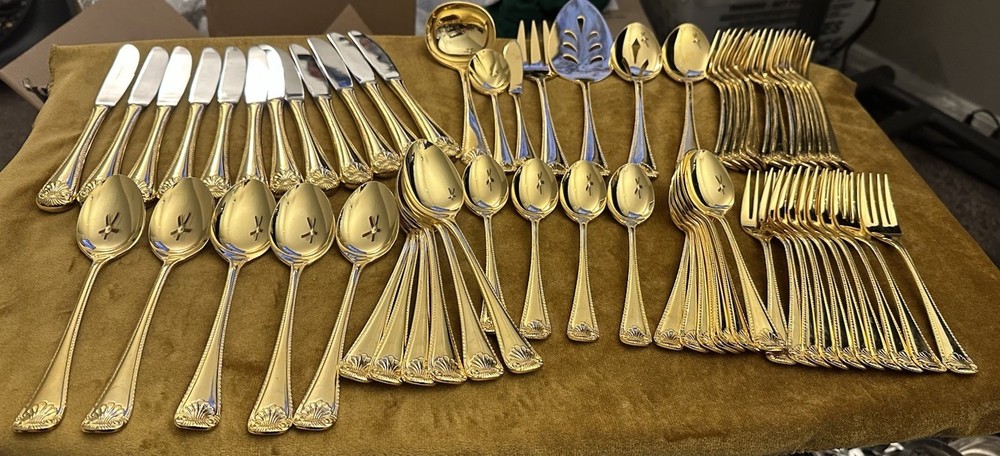 Gold Electroplate Shell Rope Flatware Set Made in Japan