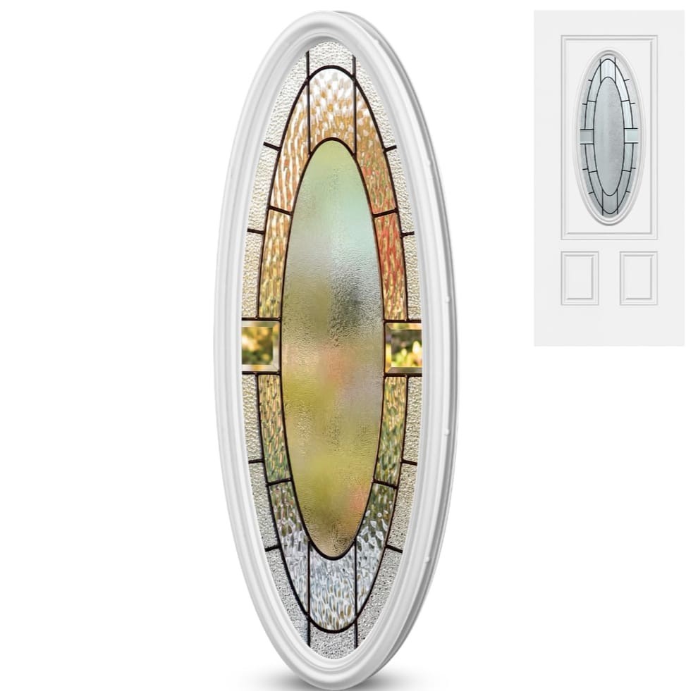Oval Decorative Glass Fixed Entry Door Insert, White Plastic Frame, 16 X 39 in gallery