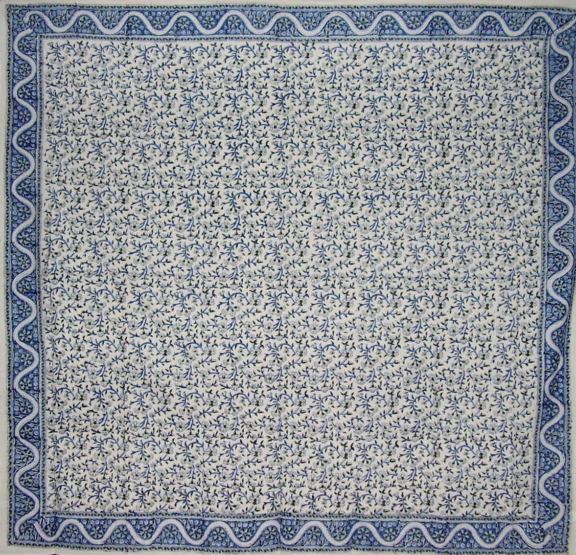 Hand Block Printed Floral Square Cotton Tablecloth 72" x 72" Blue gallery