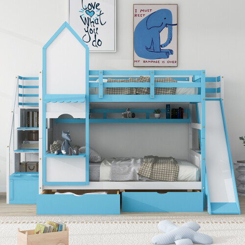 Solid Wood Bunk Bed w/ Slide Storage Drawers Staircases Twin Full Size Bed Frame gallery