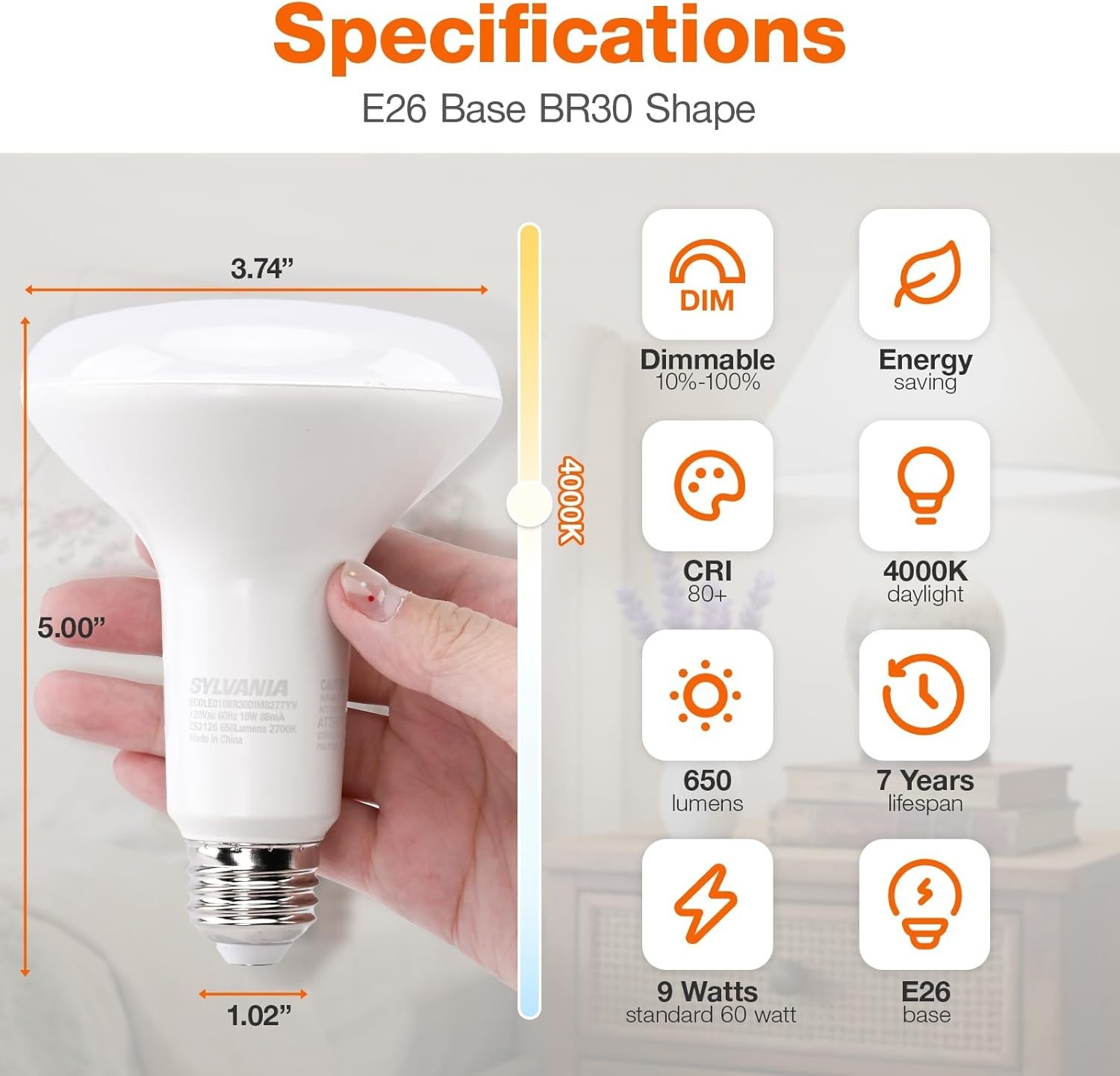 Sylvania ECO LED BR30 Light Bulb, 65W = 9W, Dimmable, Frosted Finish, 650 Lum... gallery