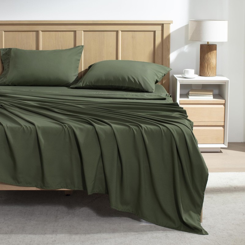 Queen Sheet Set 4 Pieces, Dark Olive Green Super Soft Sheets for Queen Size B... gallery