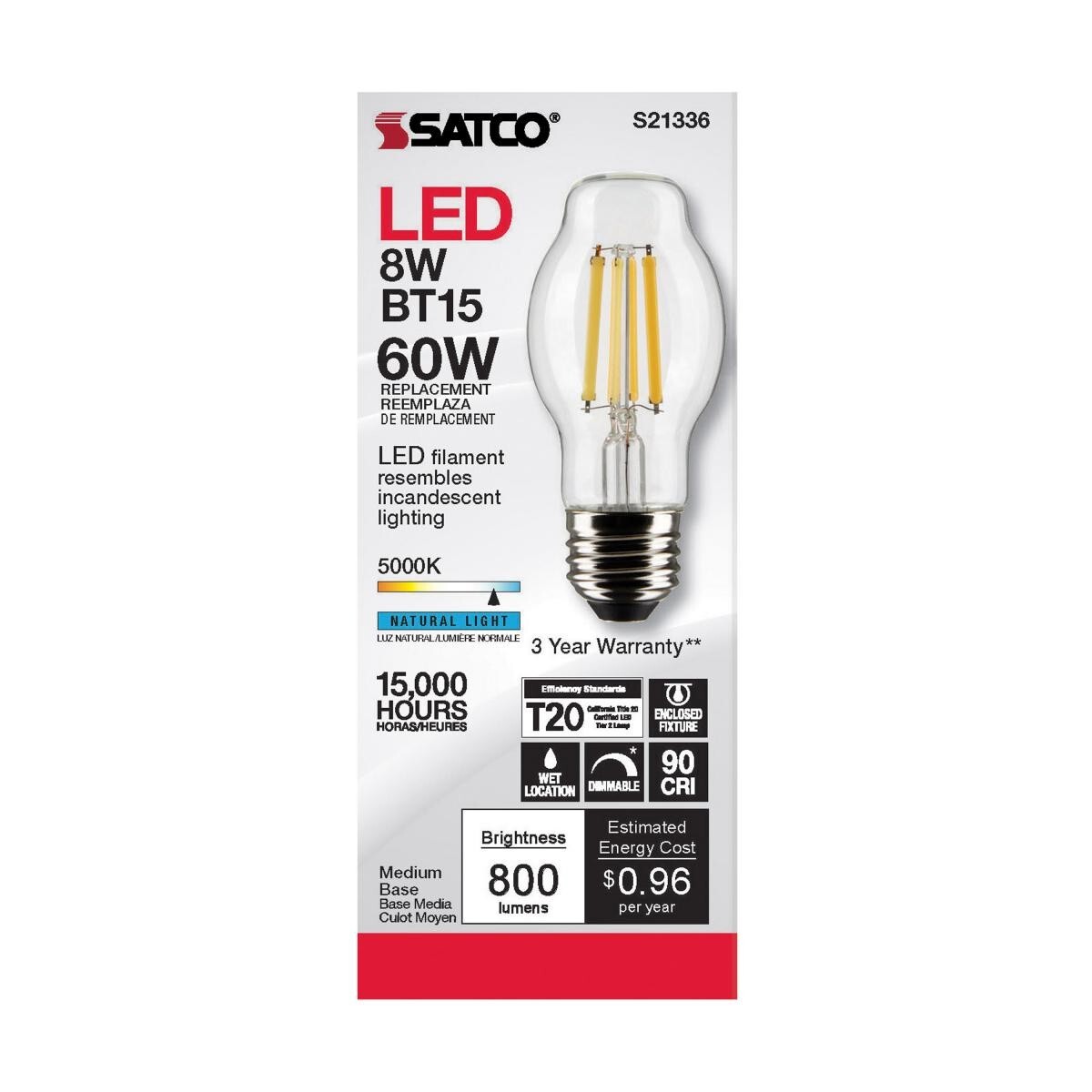 SATCO S21336 - 8 Watt BT15 LED Light Bulb - 5000K - 120 Volts (6 Pack) gallery