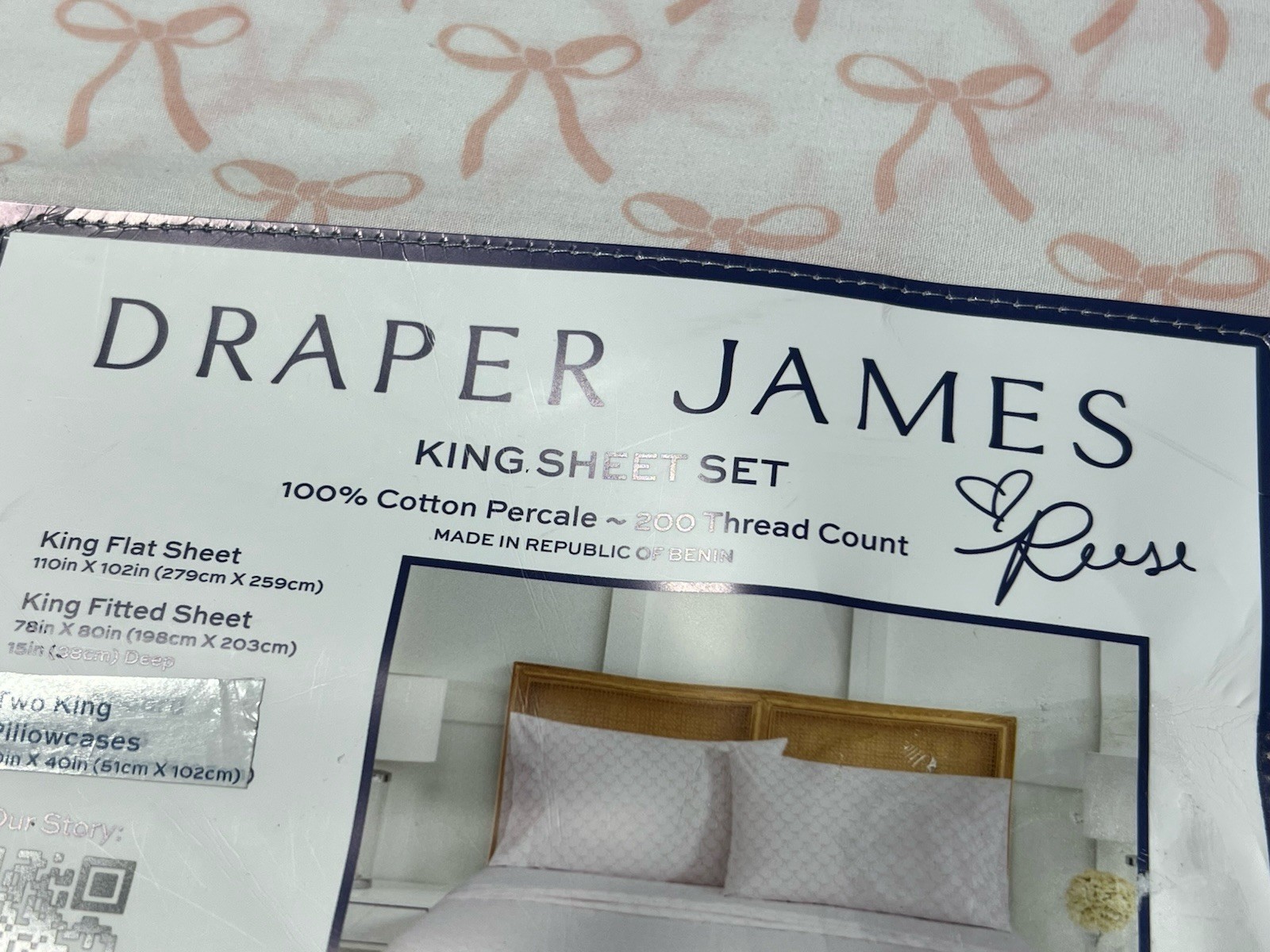 NeW KING Sheets Set Pink Bows 100% Cotton Percale Draper James Cottage Core gallery
