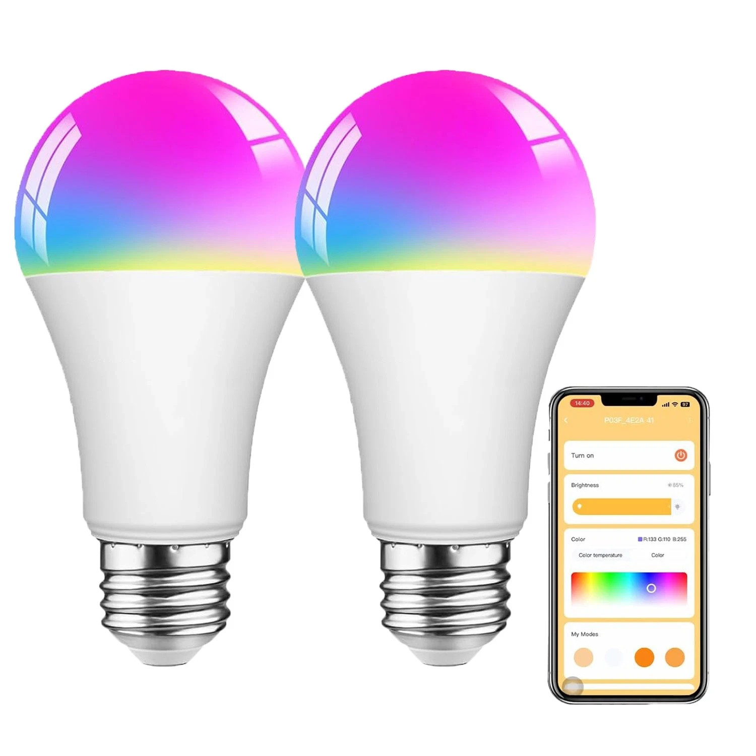 2 Pack A19 LED Smart Light Bulbs RGB 9W 900LM Bluetooth Dimmable Timing E26 Base gallery