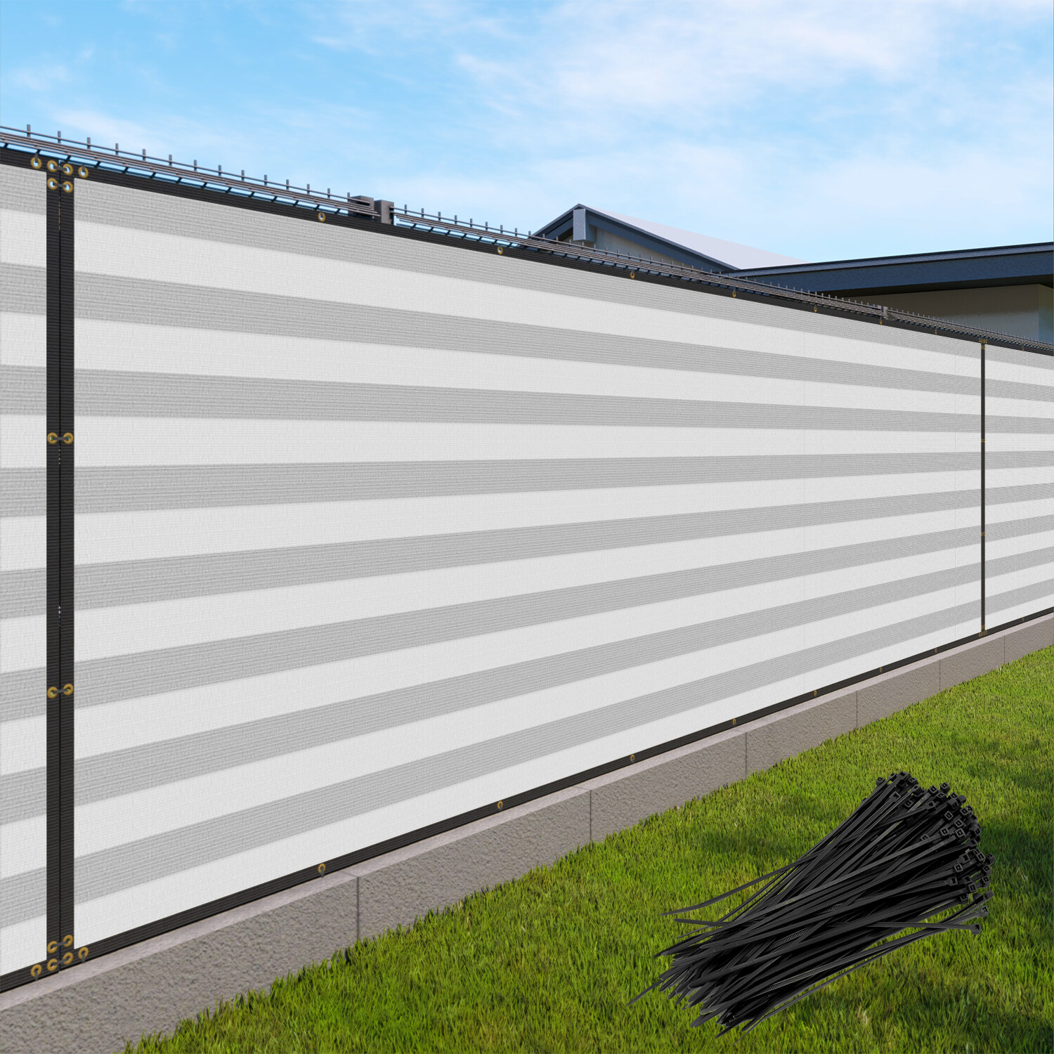 7' Tall Gray Stripe Privacy Fence Screen UV Shade Permeable Fabric with Grommet gallery