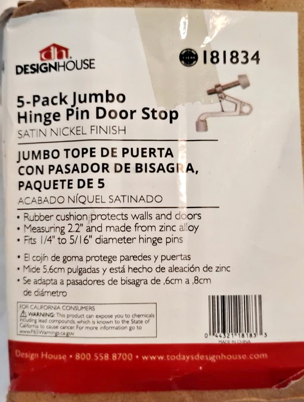 Jumbo Hinge Pin Door Stop Wall Protector Model 181834 Design House, Satin Nickel gallery