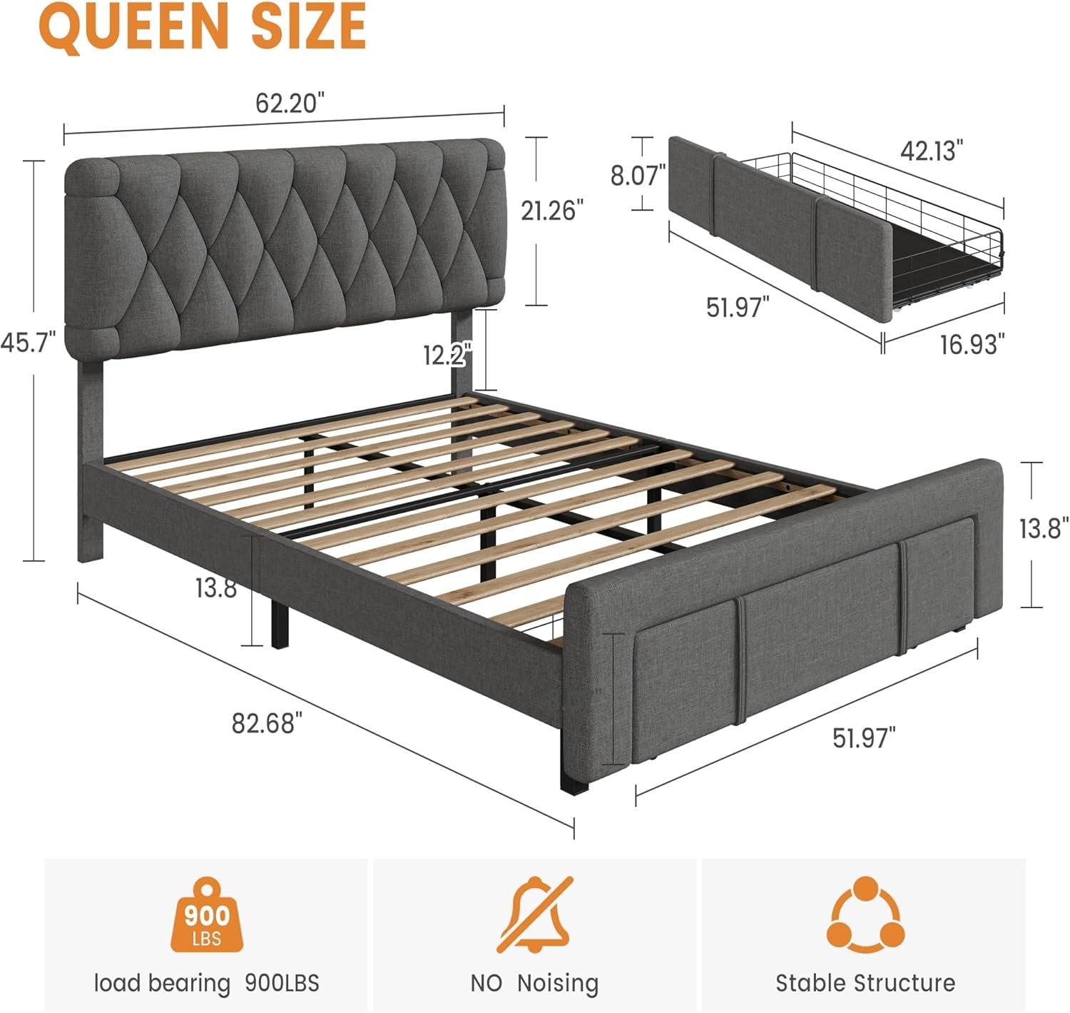 Queen Size Bed Frame, Upholstered Platform Bed Frame with 2 Storage Drawers gallery