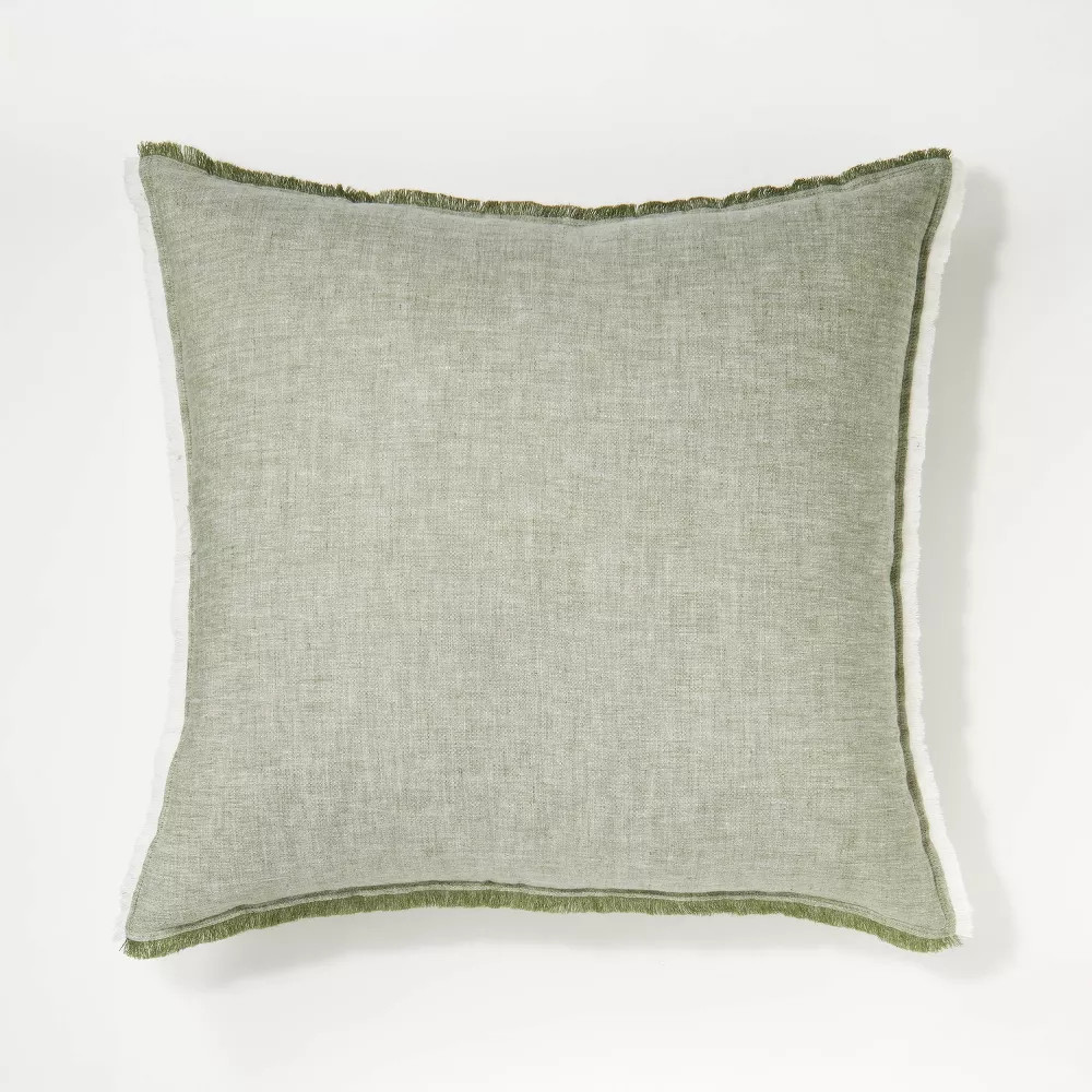 Oversized Reversible Linen Square Throw Pillow with Frayed Edges Green gallery