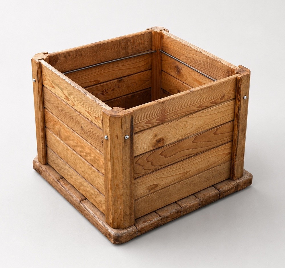 Rustic Slatted Pine Wood Storage Bin Planter Box Farmhouse 14x14 Inch Square Vtg