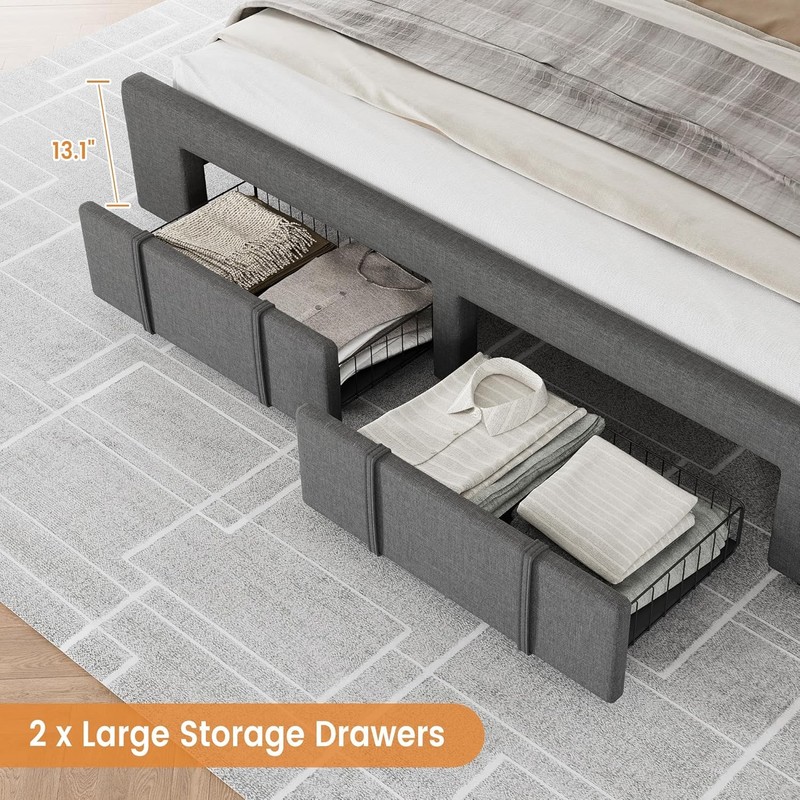 Queen Size Bed Frame, Upholstered Platform Bed Frame with 2 Storage Drawers gallery