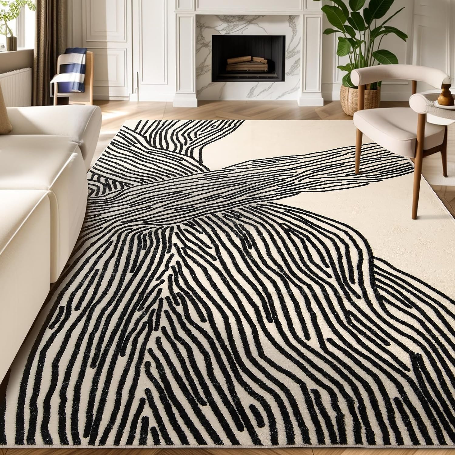 5×7Ft Area Rugs, Abstract Washable Rug, Modern Black and White Rug for Bedroom L gallery