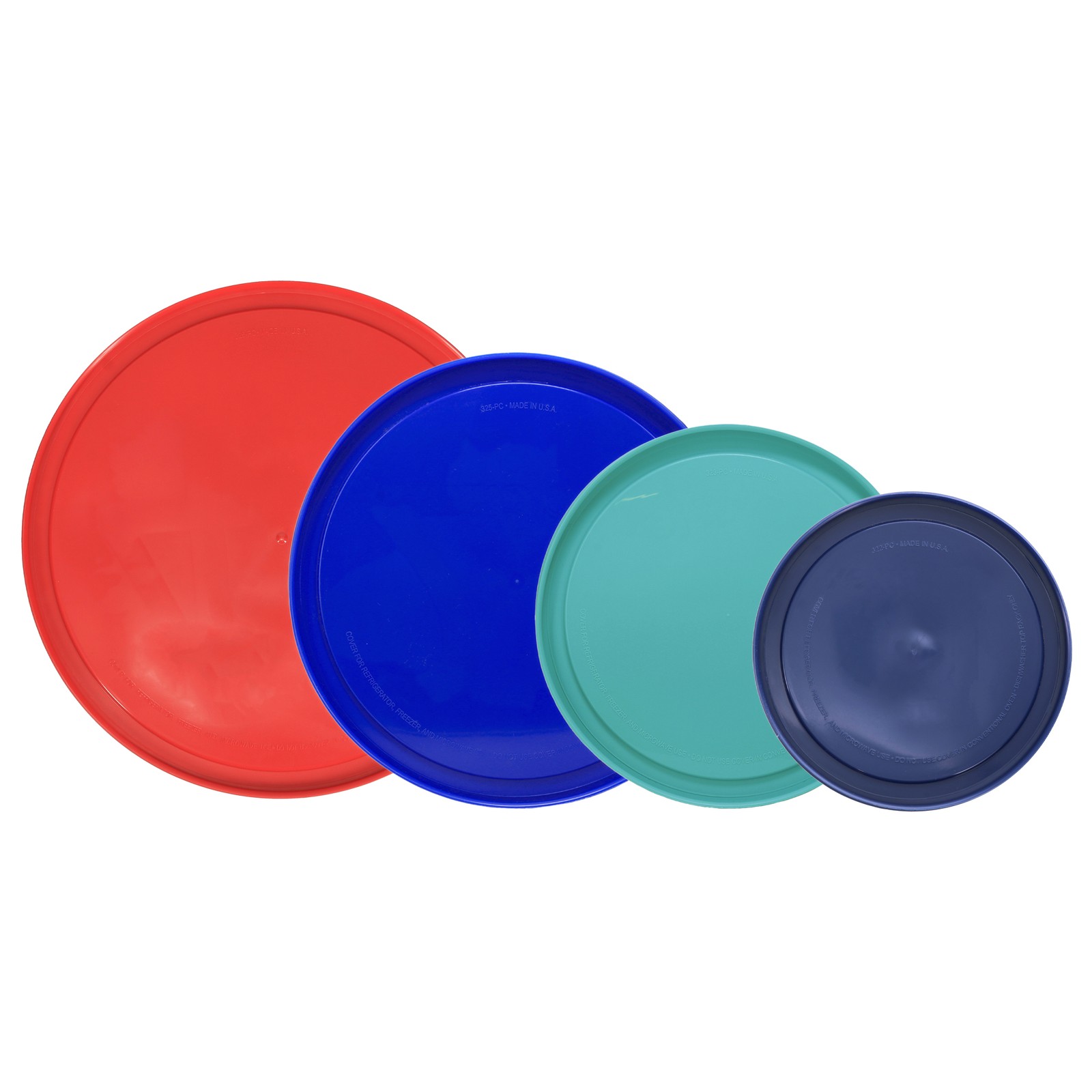 Pyrex 322-PC Blue, 323-PC Sun Bleach Turquoise, 325-PC Cadet Blue, 326-PC Red L gallery