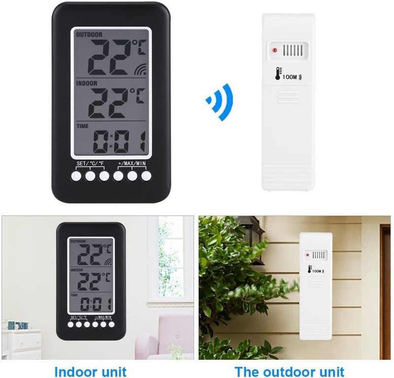 Digital Thermometer Clock Temperature Indoor/Outdoor Wireless Transmitter Meter gallery