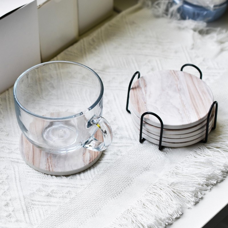 6Pcs Drink Coasters with Holder, Marble Style Ceramic Drink Coaster, Absorbent C gallery
